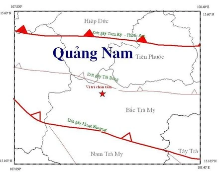 Sơ đồ trận động đất mạnh 2,7 độ Richter xảy ra vào chiều 12-6. Ảnh: Viện Vật lý địa cầu 